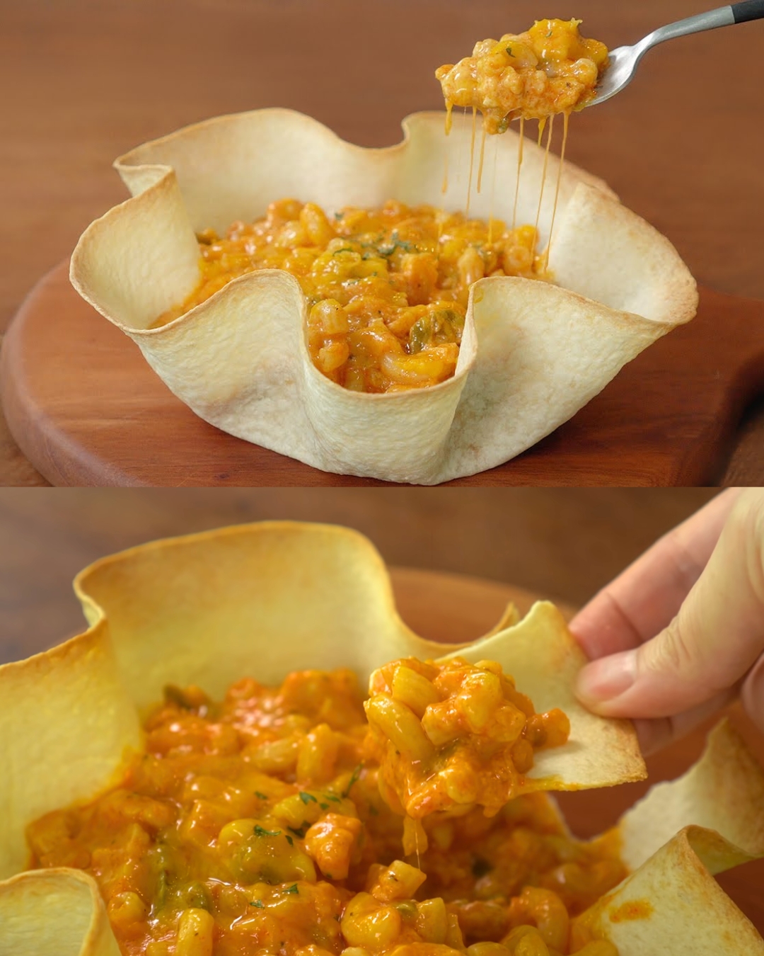 Spicy Chicken Taco Mac and Cheese in a Crispy Tortilla Bowl