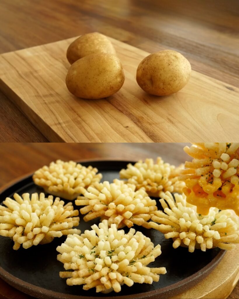 Crispy Potato Flowers with Garlic Cheese Sauce