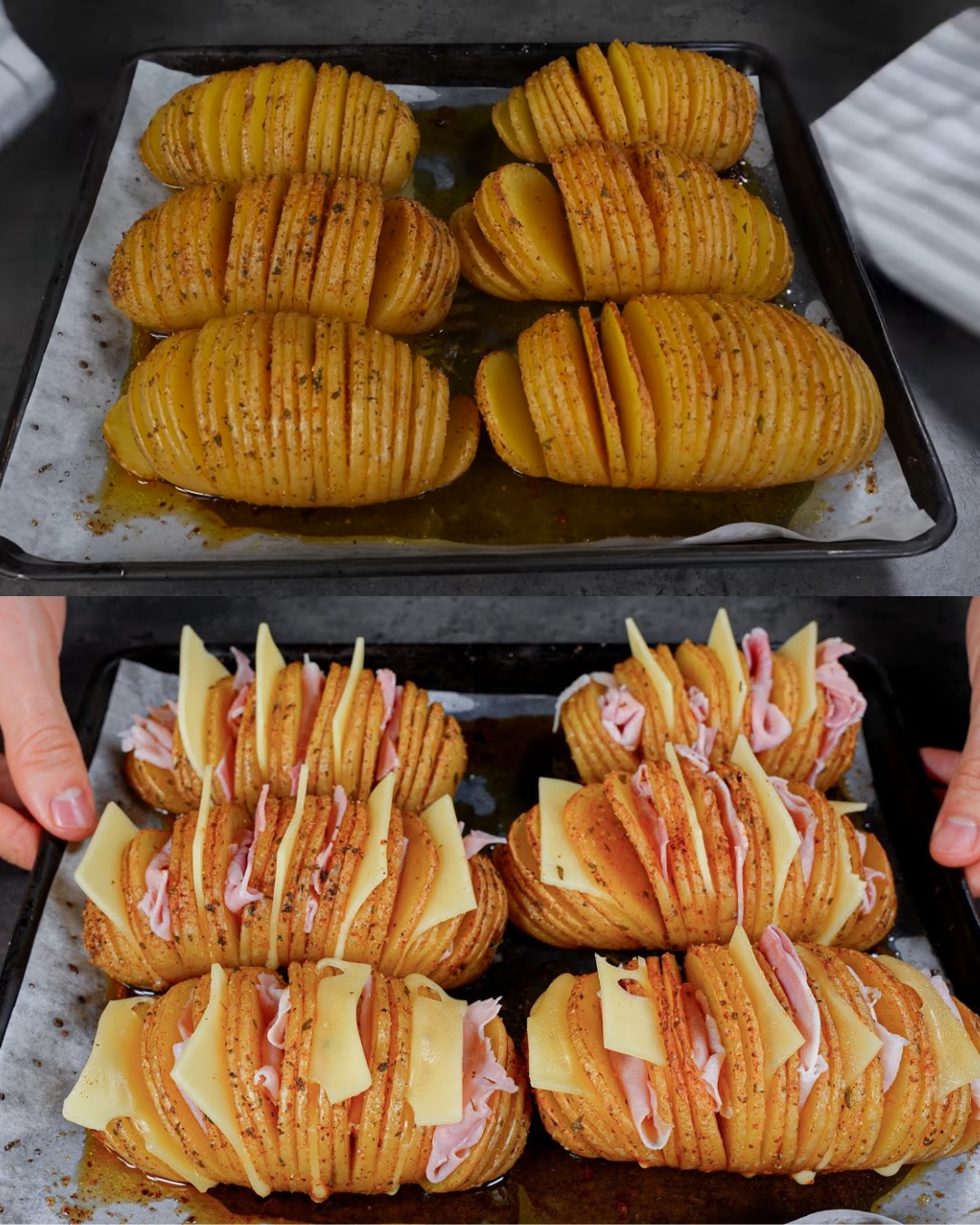 Hasselback Potatoes with Ham and Cheese