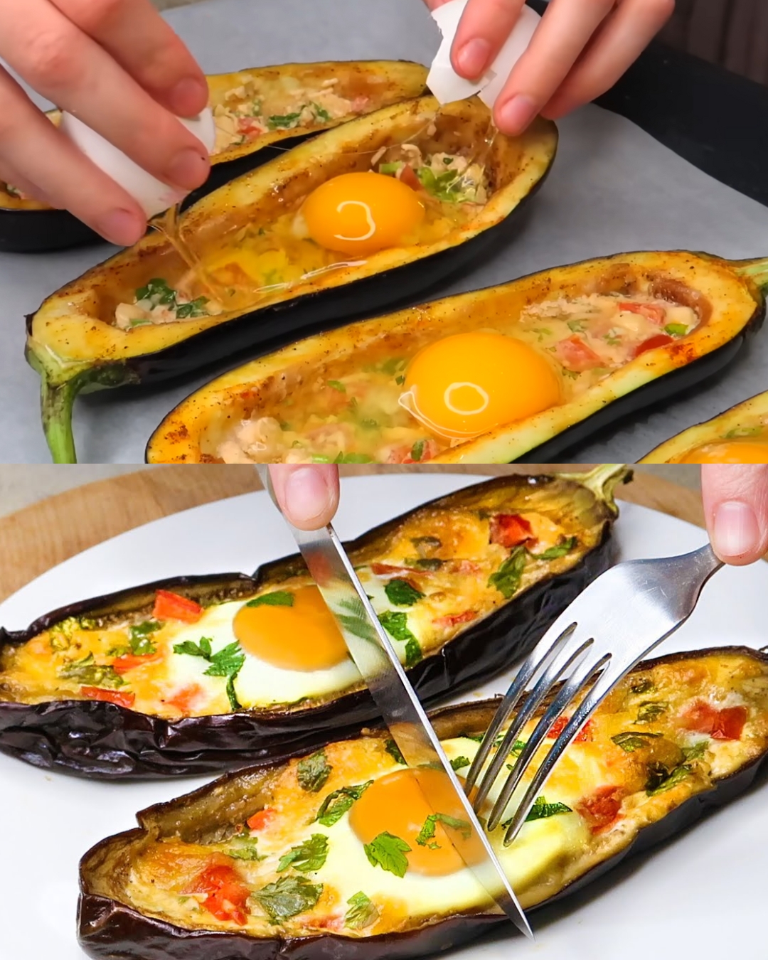 Baked Stuffed Eggplants with Eggs