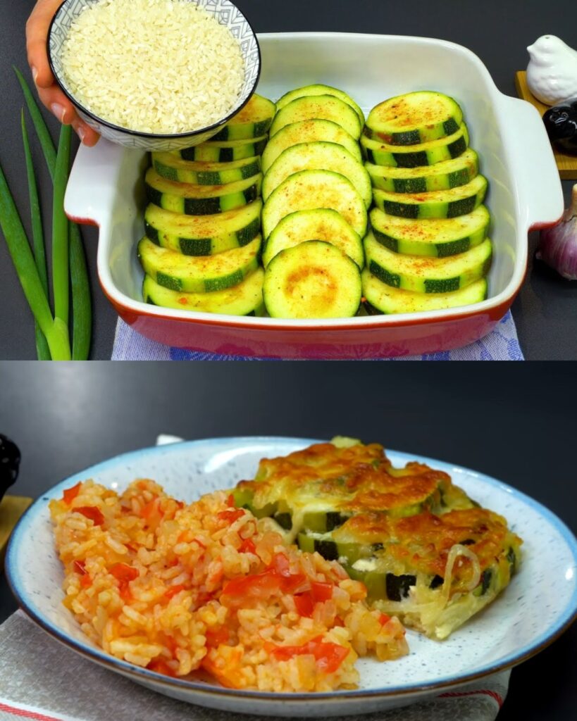 Zucchini and Cheesy Baked Casserole with Tomato Rice