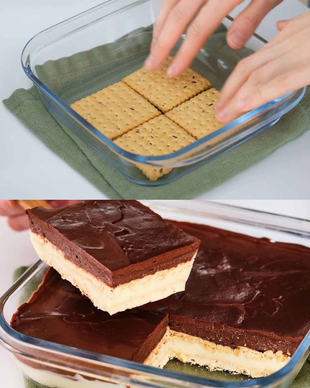 Layered Chocolate Custard Cake with Biscuit Base