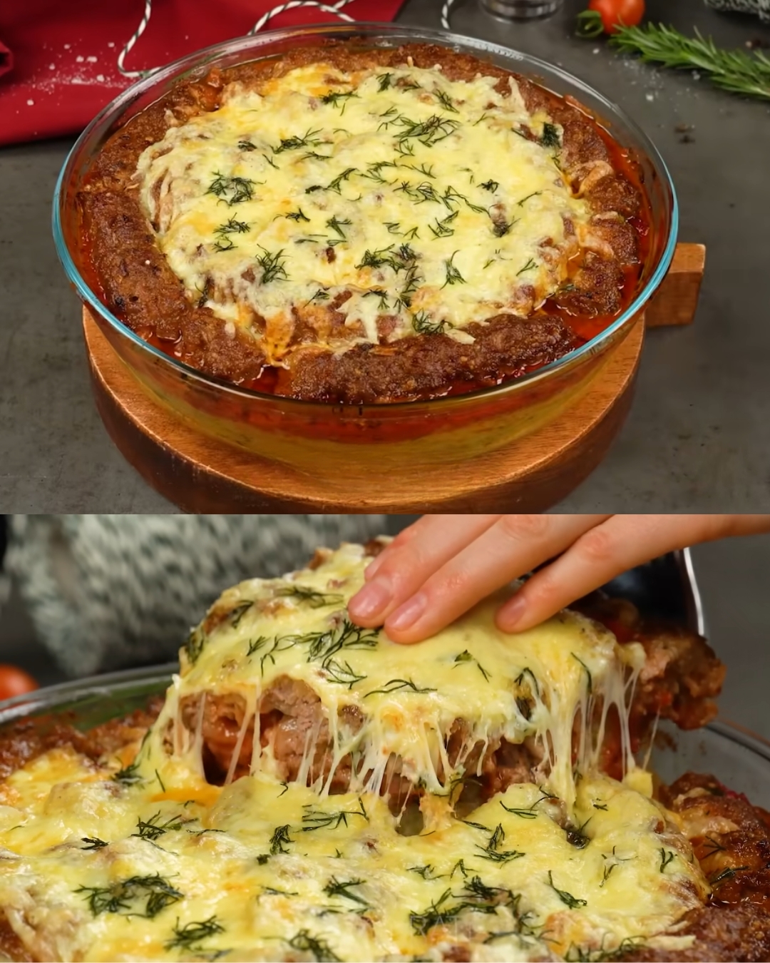 Baked Potato and Meat Casserole with Tomato Sauce and Cheese