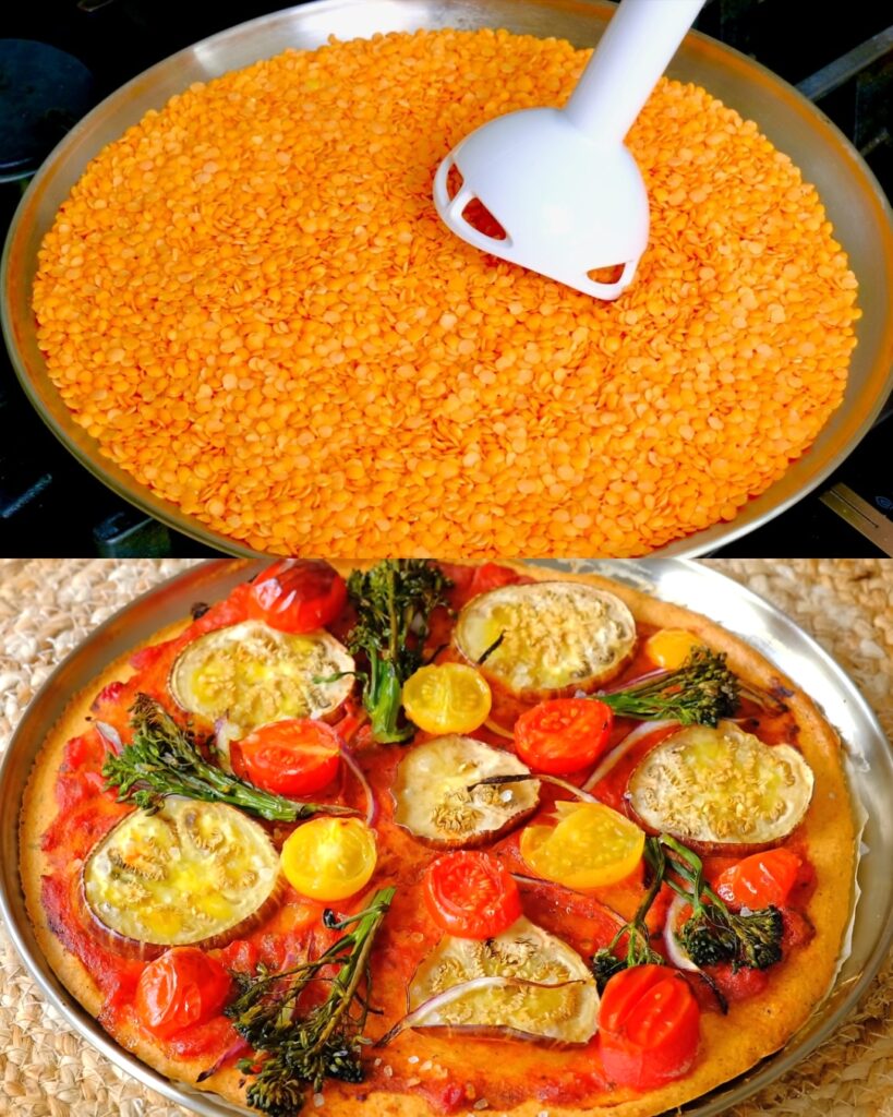 Vegan Red Lentil Pizza with Cheese Sauce and Veggie Toppings