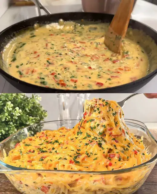 Creamy Cheese Spaghetti with Sweet Red Pepper and Parmesan
