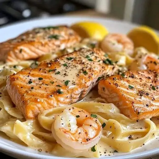 Creamy Salmon and Shrimp Fettuccine Alfredo