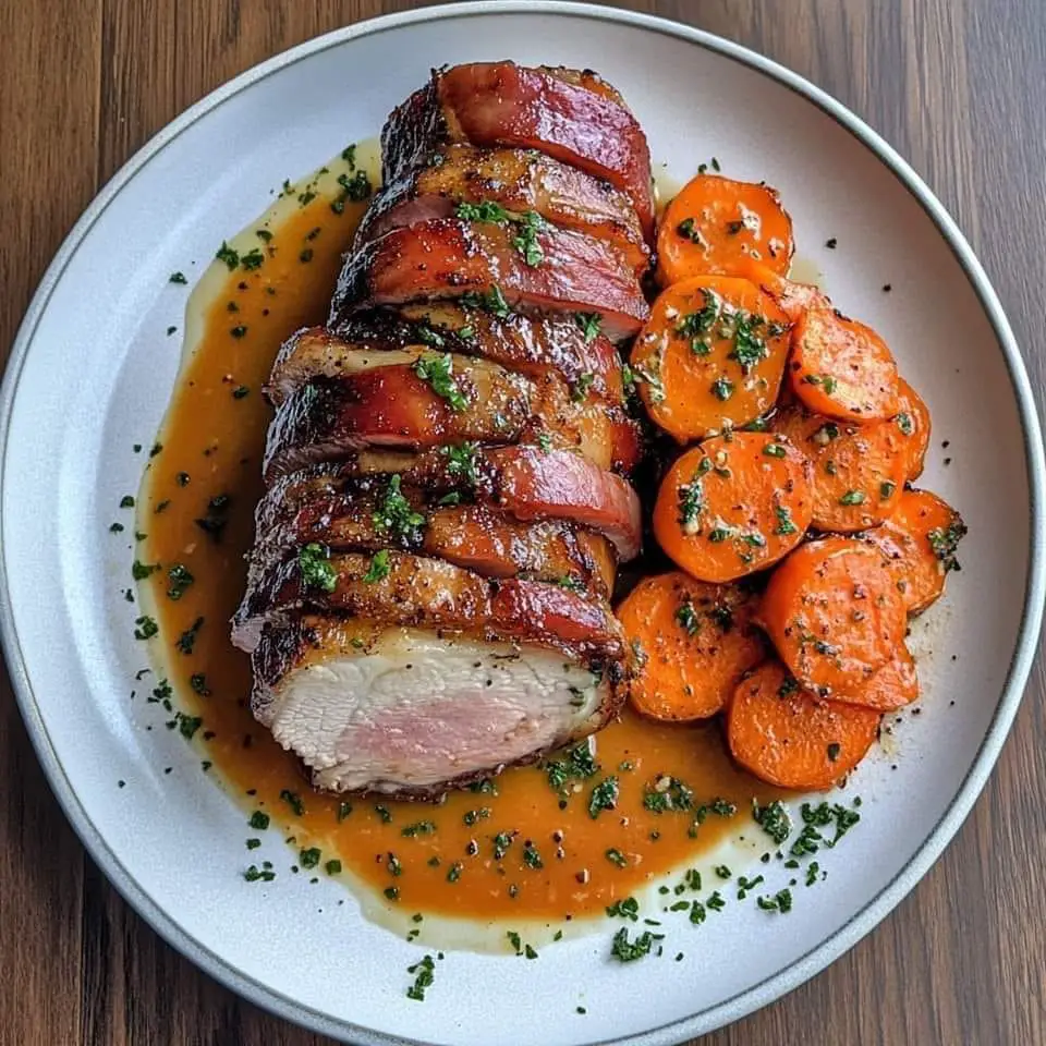 Bacon-Wrapped Pork Loin with Caramelized Carrots and Carrot Sauce