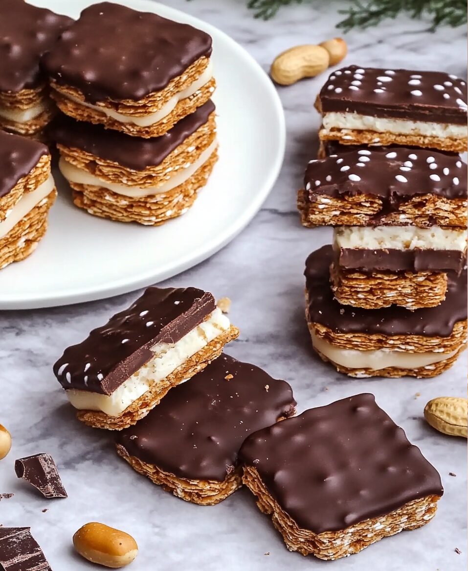 Salted Peanut Nougat Cracker Sandwiches with Chocolate Coating