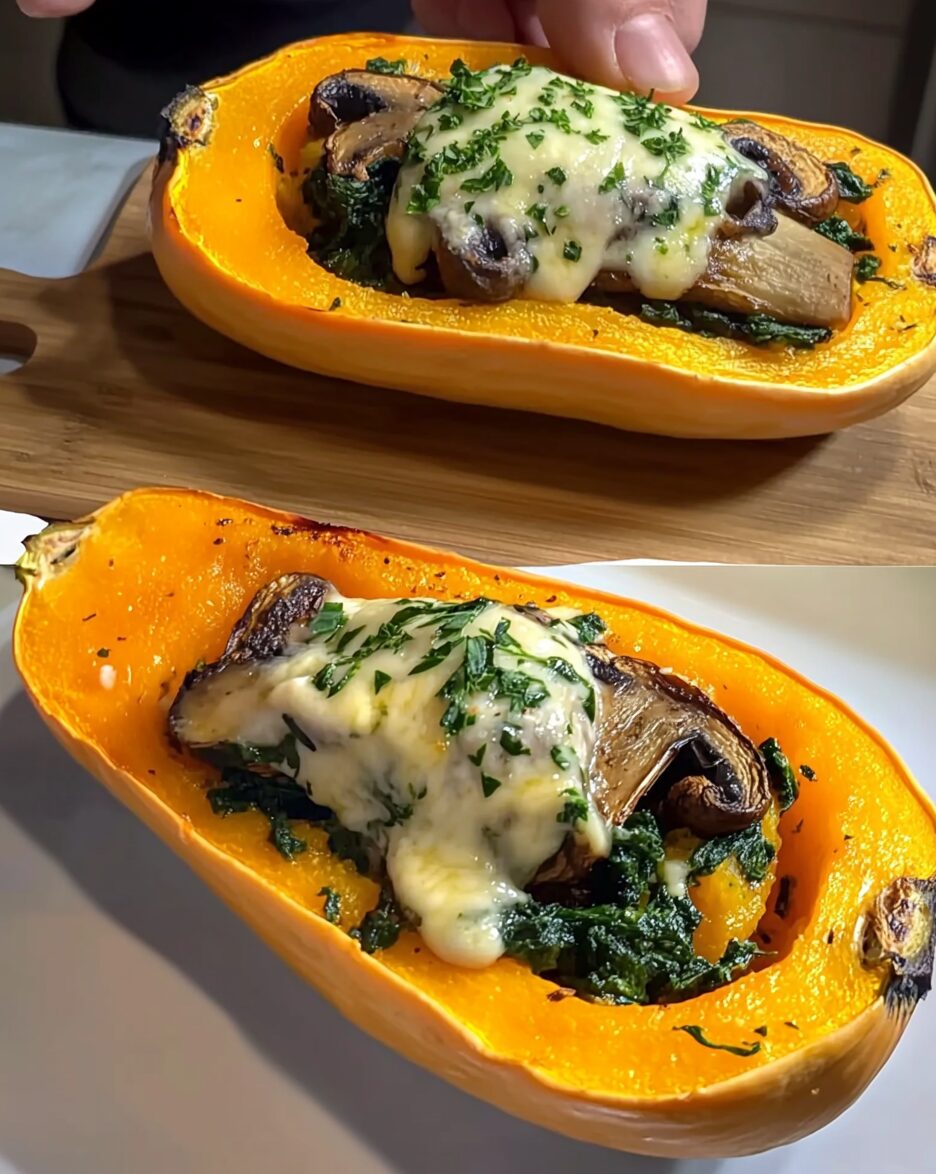 Roasted Butternut Squash with Sautéed Portobello Mushrooms, Spinach, and Italian Cheese Blend