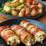 Bacon-Wrapped Stuffed Chicken Rolls with Parmesan Roasted Potatoes and Fresh Salad Bacon-Wrapped Stuffed Chicken Rolls with Parmesan Roasted Potatoes and Fresh Salad