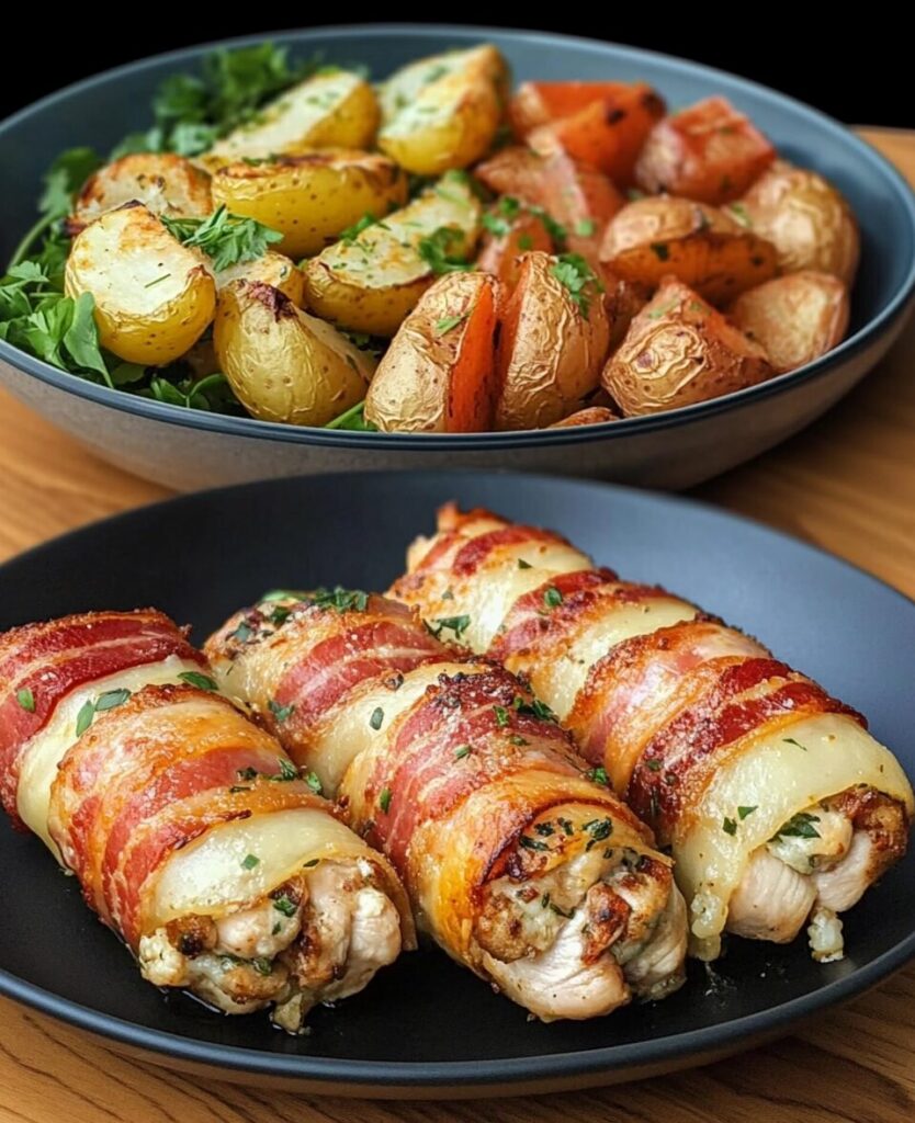 Bacon-Wrapped Stuffed Chicken Rolls with Parmesan Roasted Potatoes and Fresh Salad finished dish