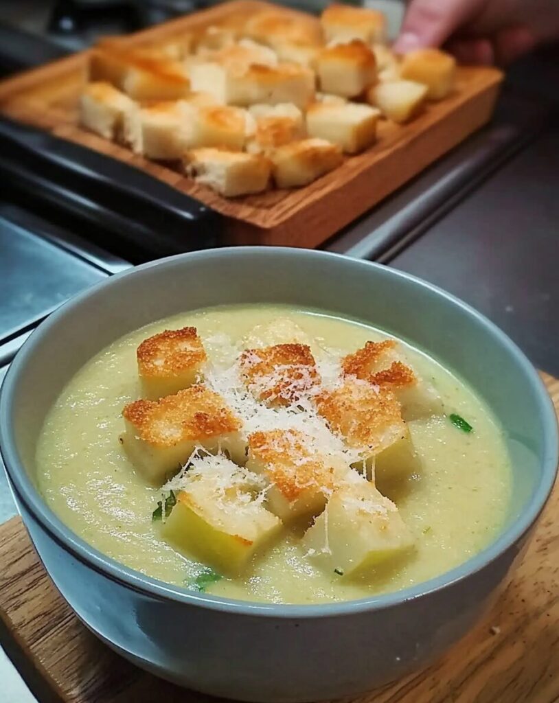 Creamy Leek and Potato Soup with Parmesan Croutons