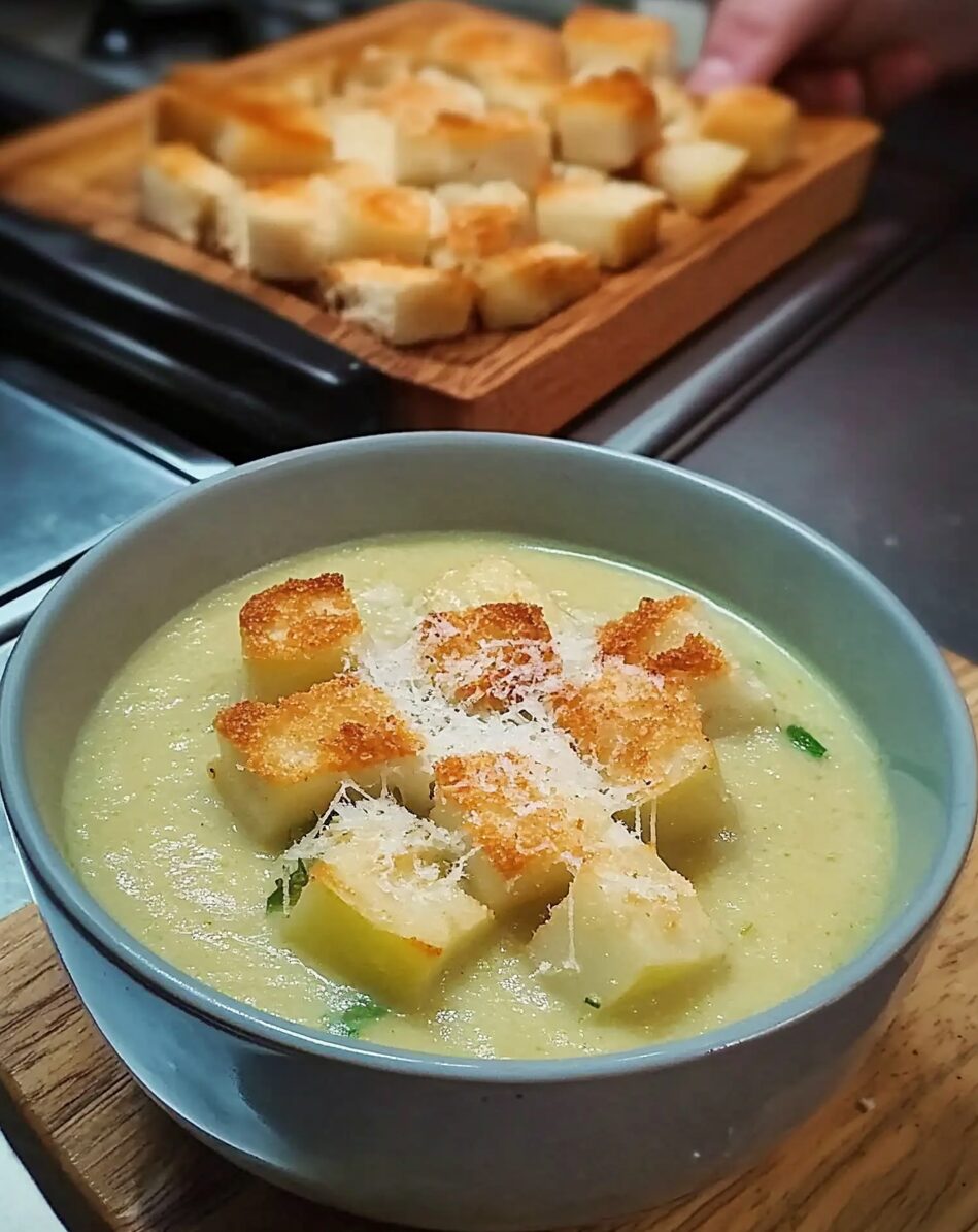 Creamy Leek and Potato Soup with Parmesan Croutons