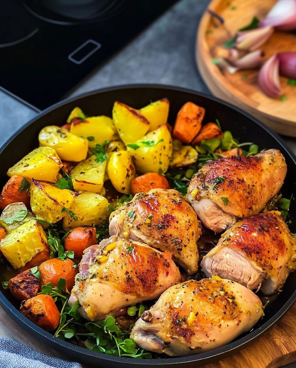 Honey Mustard Chicken Legs with Roasted Vegetables and Fresh Salad
