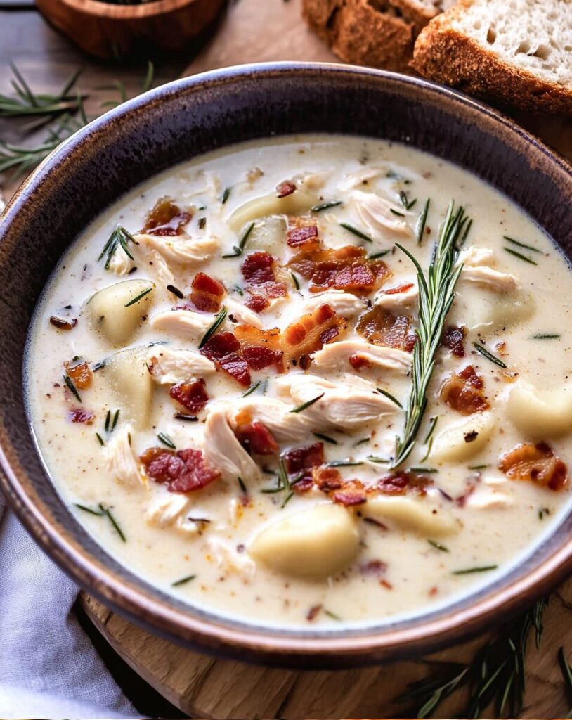 Creamy Pierogi Chicken Soup with Rosemary Bacon finished dish