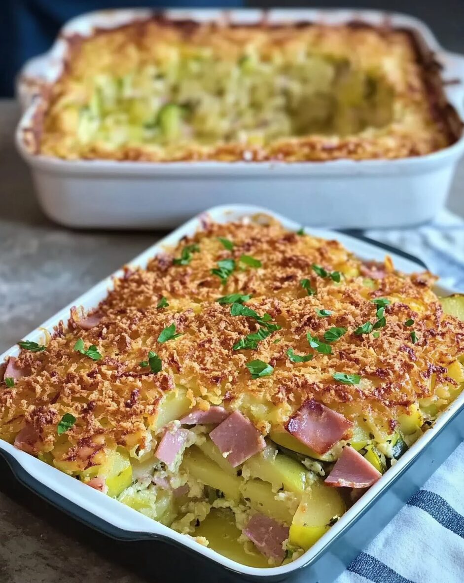 Baked Zucchini and Potato Casserole with Ham and Cheese