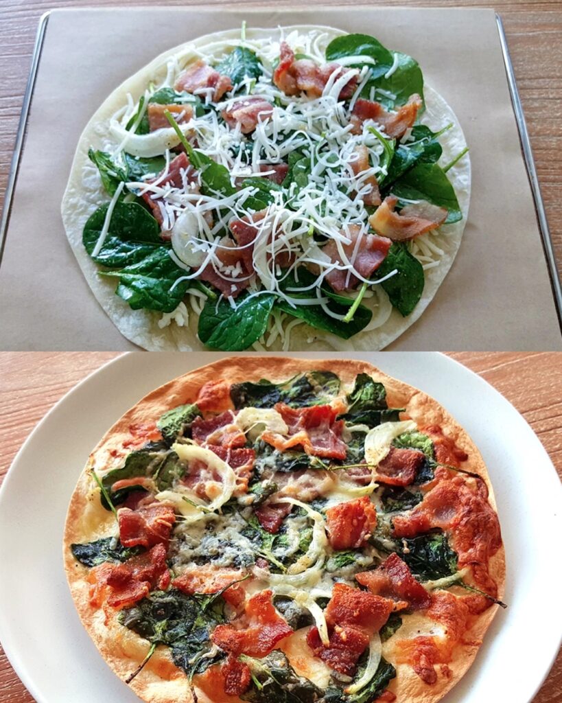 Cheesy Spinach and Bacon Flatbread Pizza finished dish