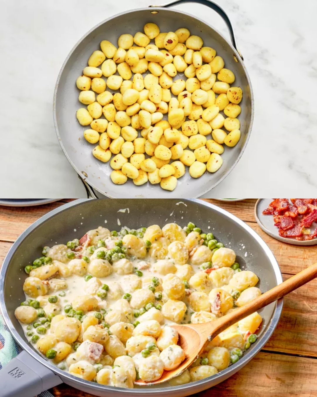 Creamy Skillet Gnocchi with Bacon and Peas