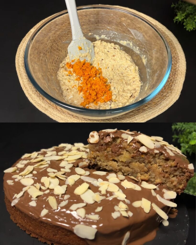 Orange Oatmeal Nut Cake with Dark Chocolate and Almonds finished dish