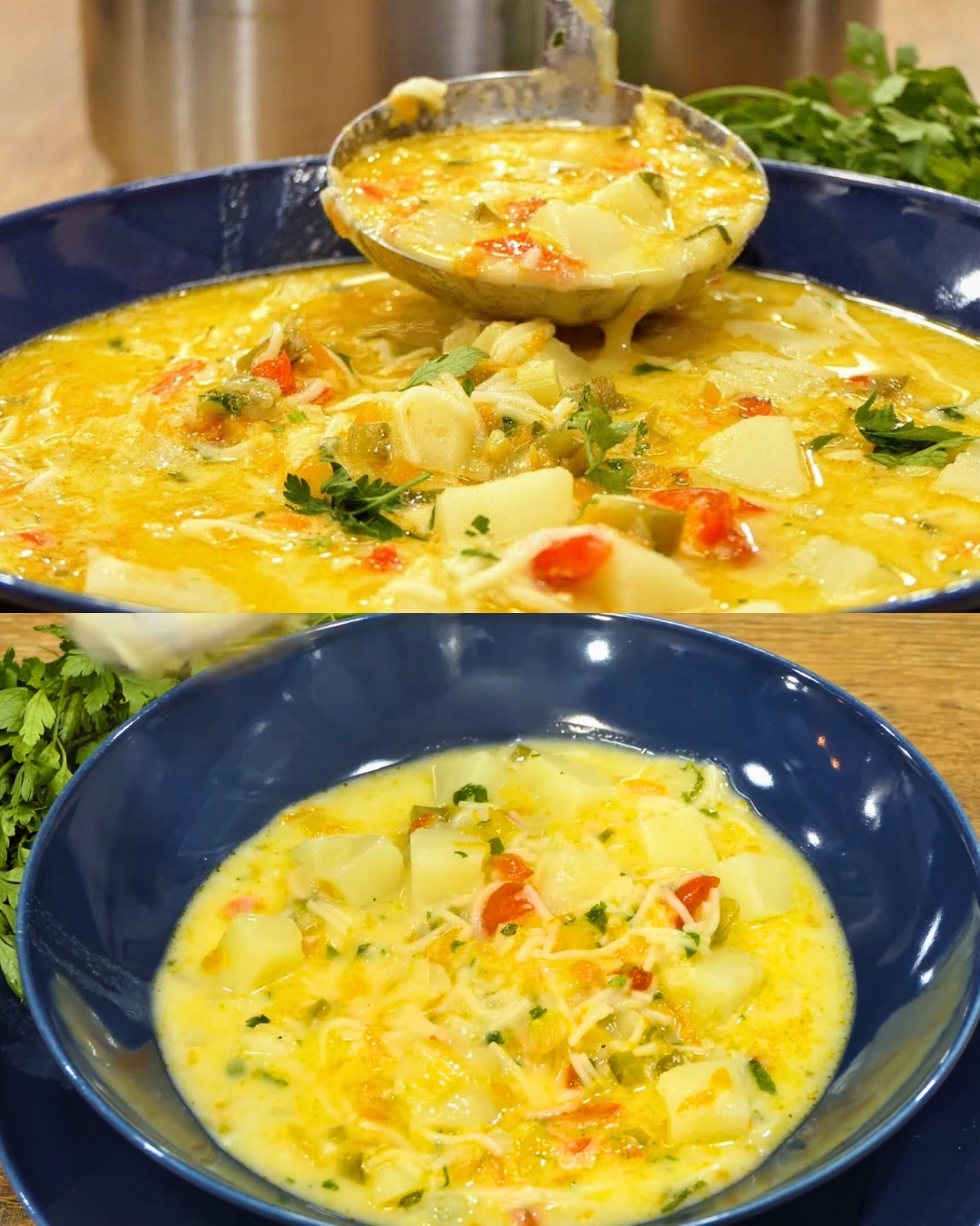 Vegetable Soup with Noodles and Creamy Egg Mixture