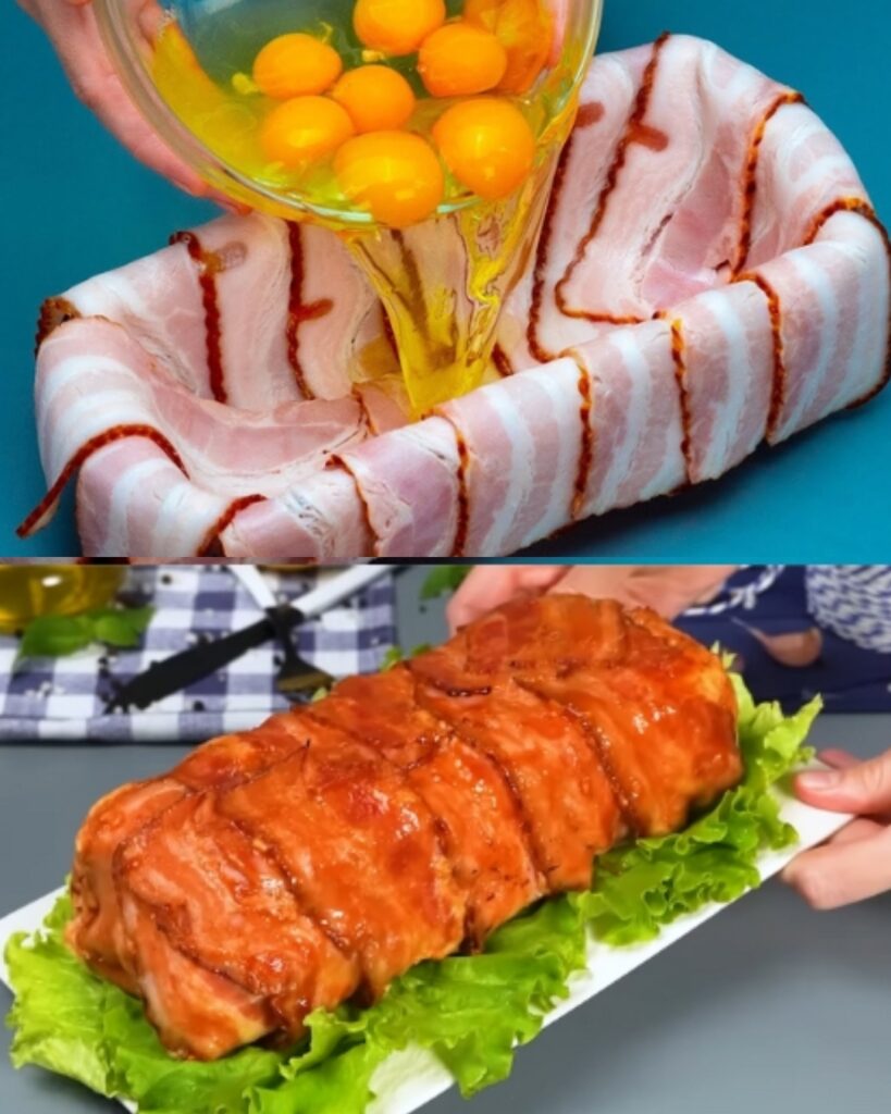 Bacon-Wrapped Pork Chop with Cheese, Fresh Salad, and Fried Eggs