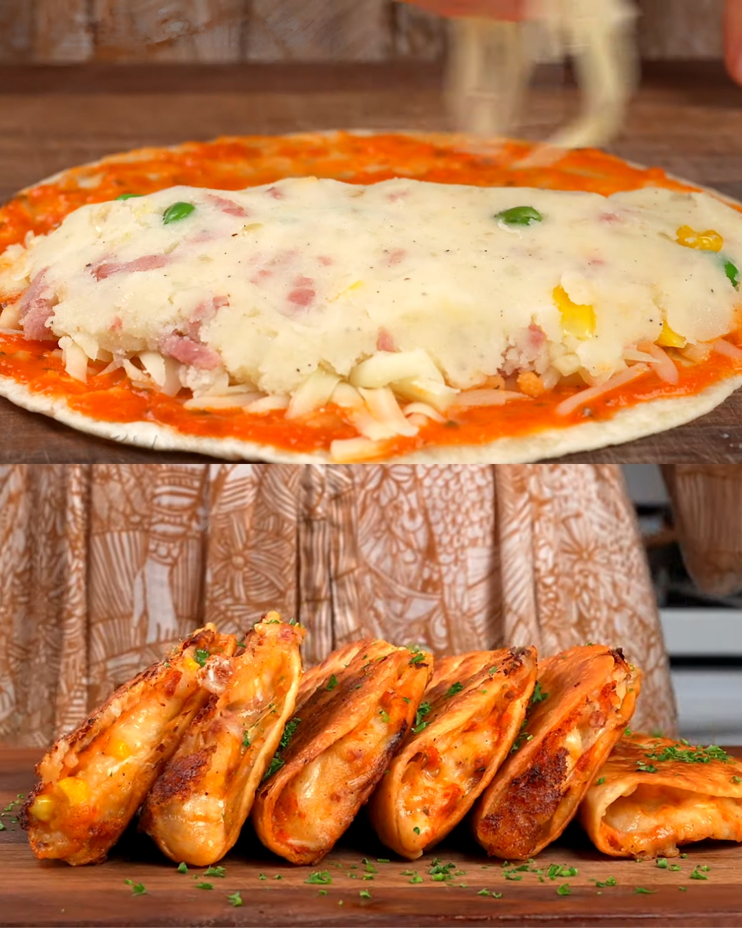 Turkey Ham, Corn, and Mashed Potato Stuffed Tortillas