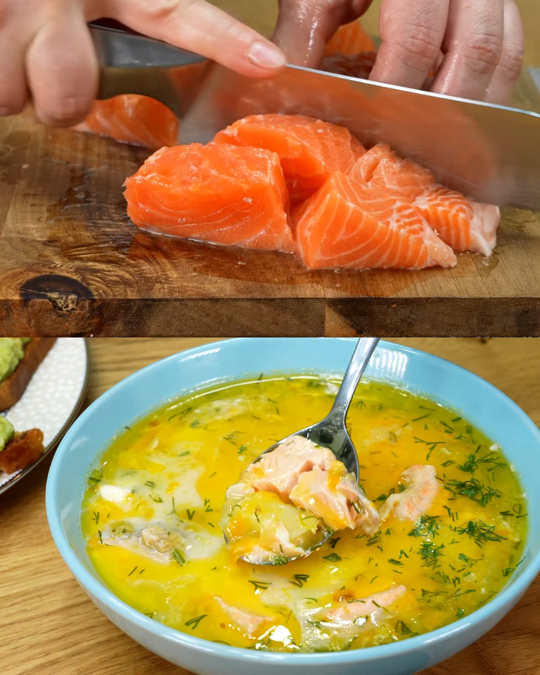 Salmon and Potato Soup with Garlic Toast