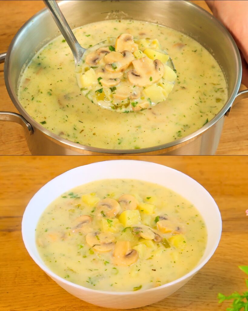 Creamy Mushroom Soup with Cucumber Yogurt Dip and Herb Toasts finished dish