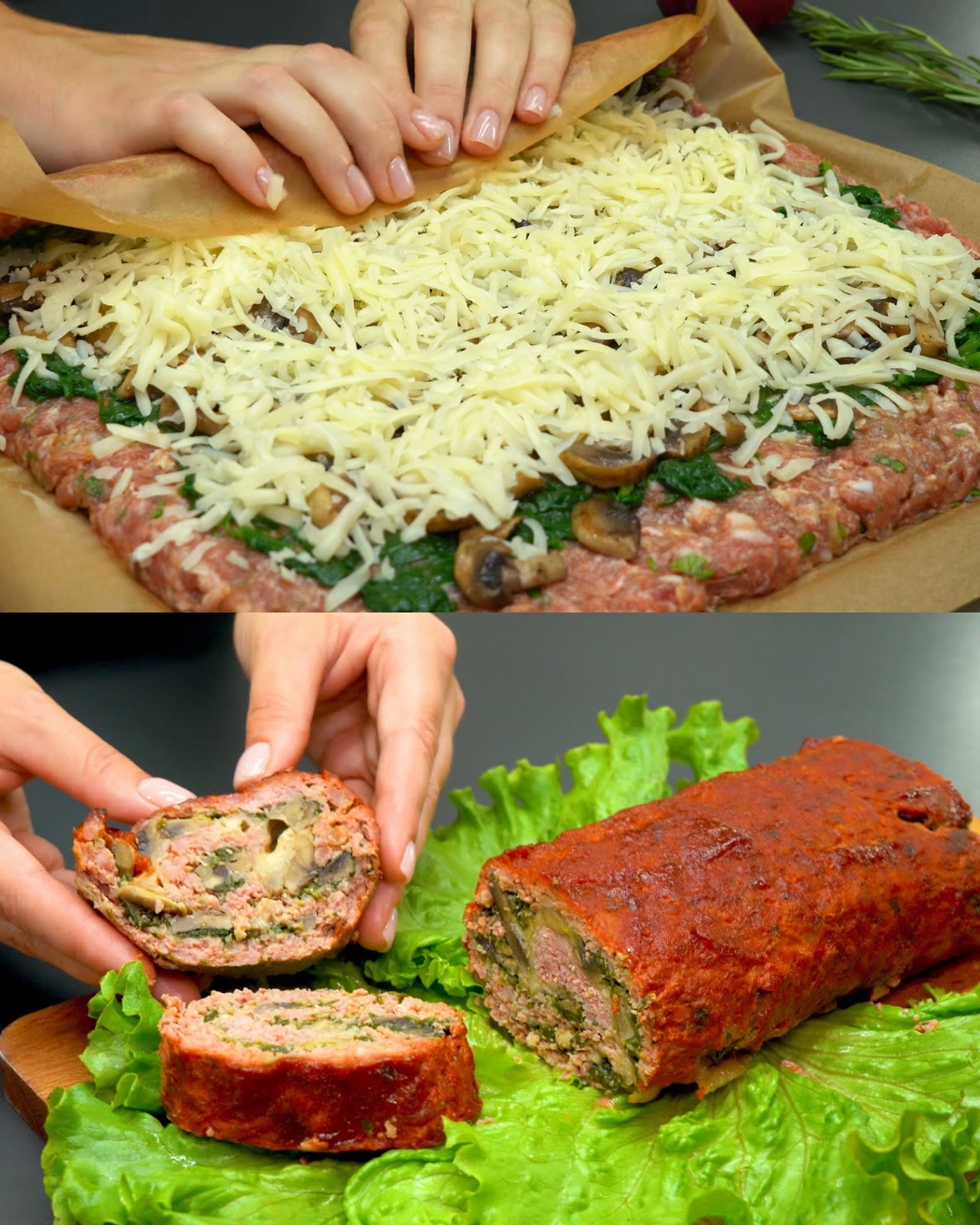 Stuffed Minced Meat Roll with Spinach, Mushrooms, and Mozzarella