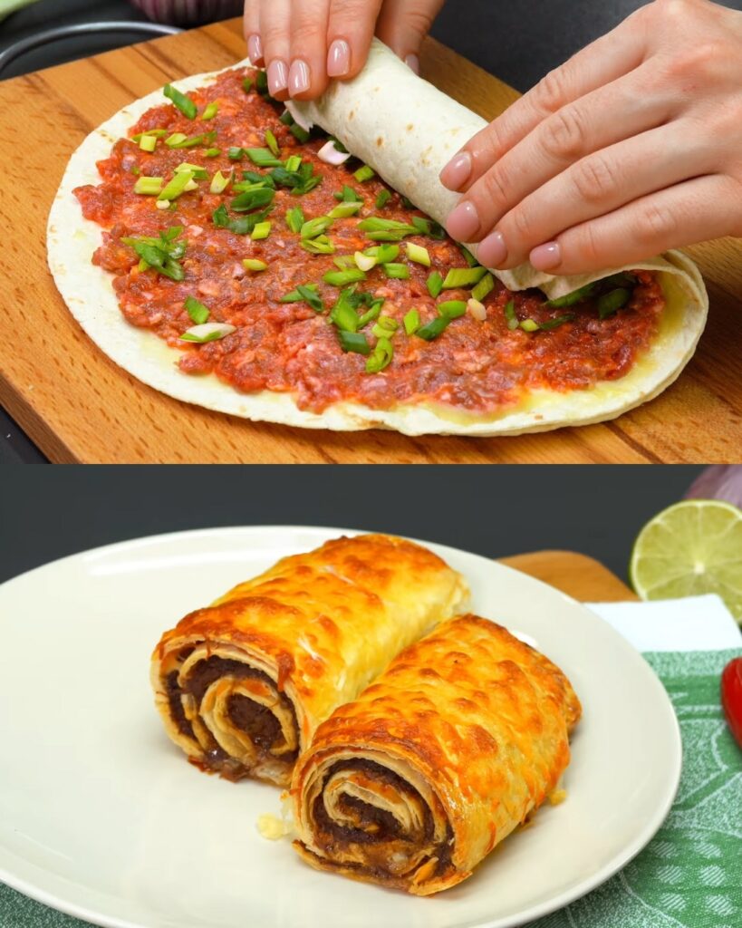 Cheesy Meat and Tortilla Roll with Fresh Salad