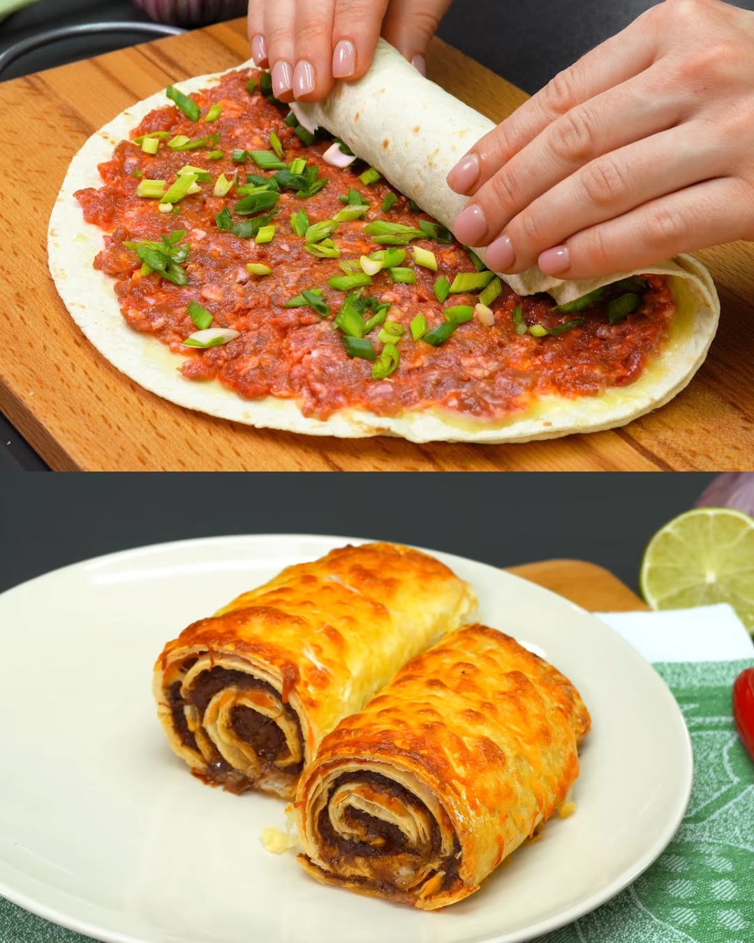 Cheesy Meat and Tortilla Roll with Fresh Salad
