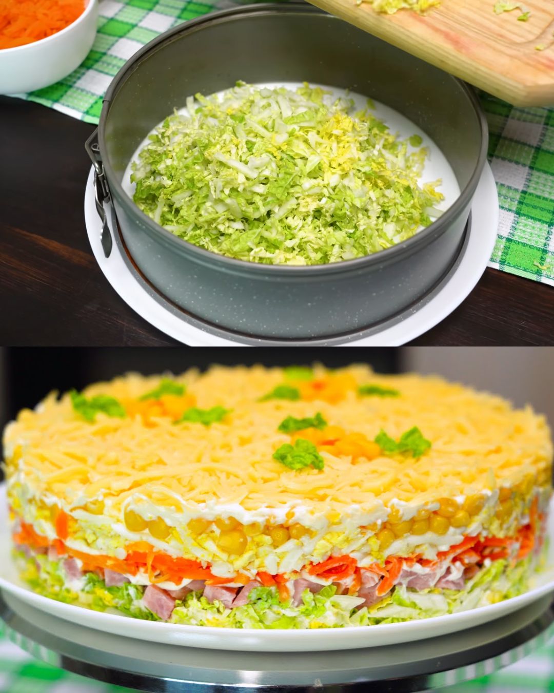 Layered Salad with Ham, Corn, and Cheese