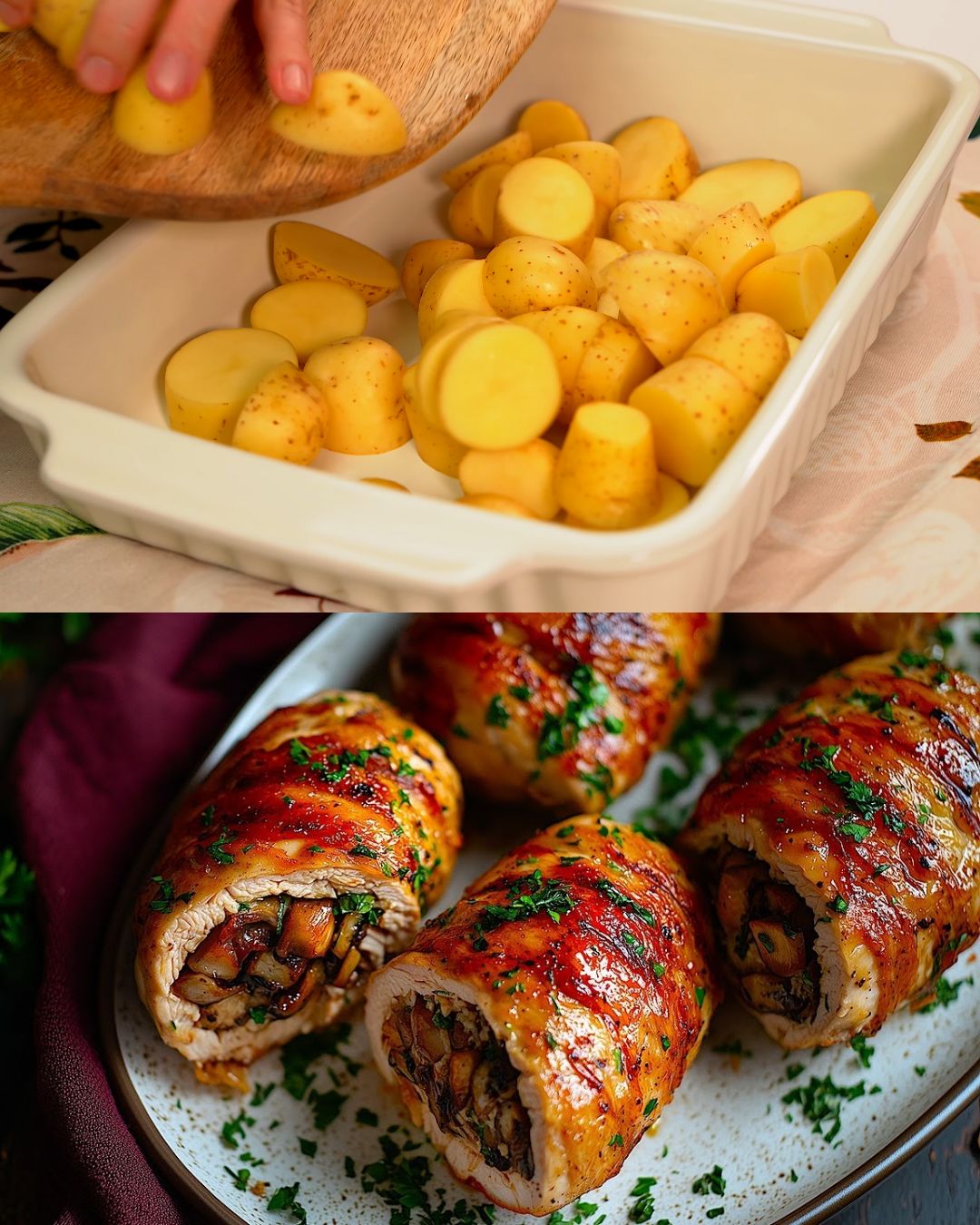 Creamy Chicken with Mushrooms, Baby Potatoes, and Cherry Tomatoes