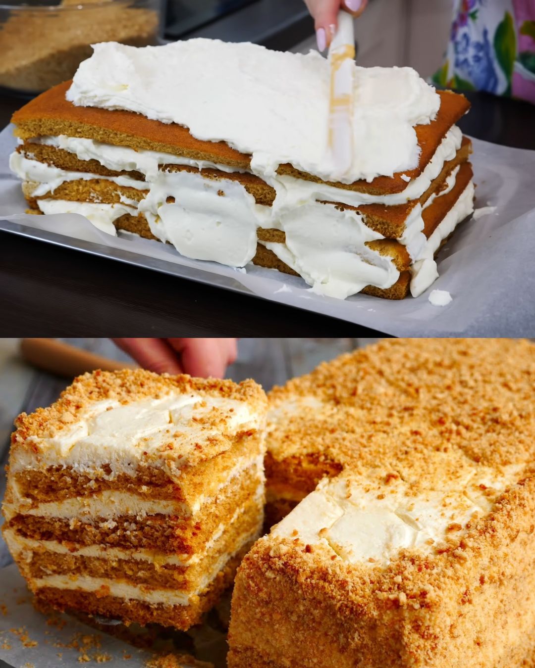 Honey Cake with Sour Cream and Crumbled Cookie Layers