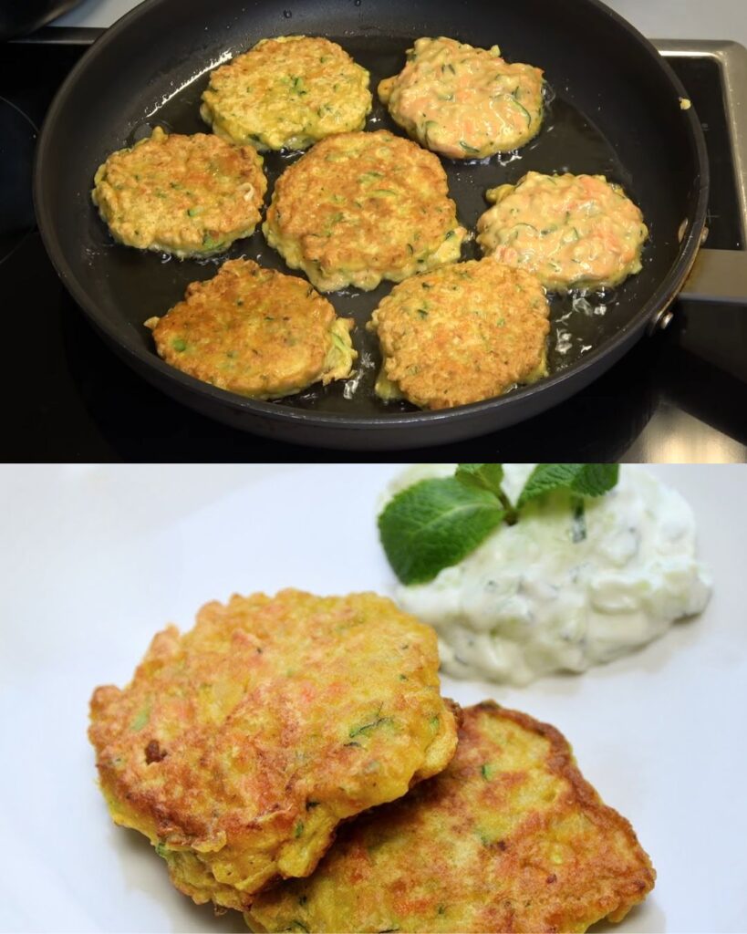 Zucchini Fritters with Cucumber-Yogurt Dip (Raita) finished dish