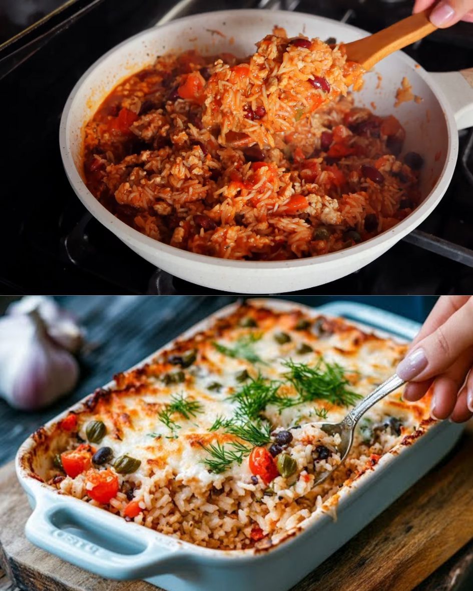 Cheesy Baked Rice with Minced Meat and Beans