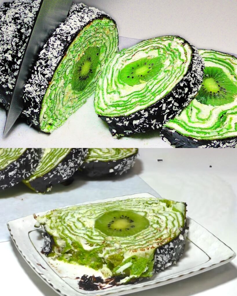 Spinach Crepe Cake with Cottage Cheese Cream, Kiwi, and Chocolate Topping