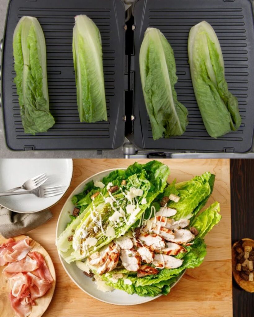 Grilled Chicken Caesar Salad with Prosciutto and Romaine Hearts