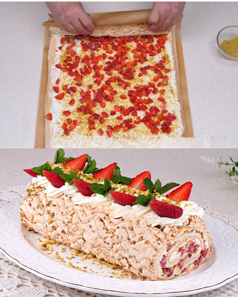 Strawberry Pistachio Meringue Cake with Cottage Cheese Cream
