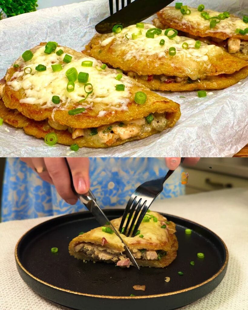 Crispy Potato Pancakes with Creamy Chicken and Mushroom Filling