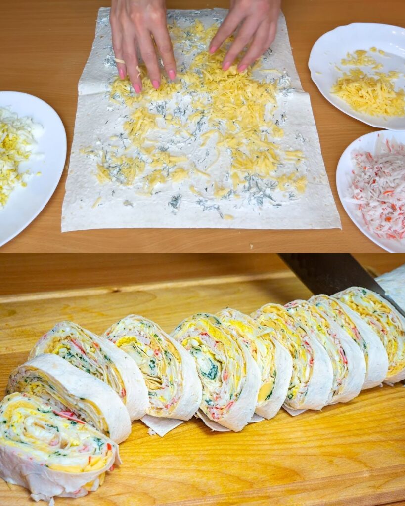 Lavash Roll with Crab Sticks, Cheese, and Eggs