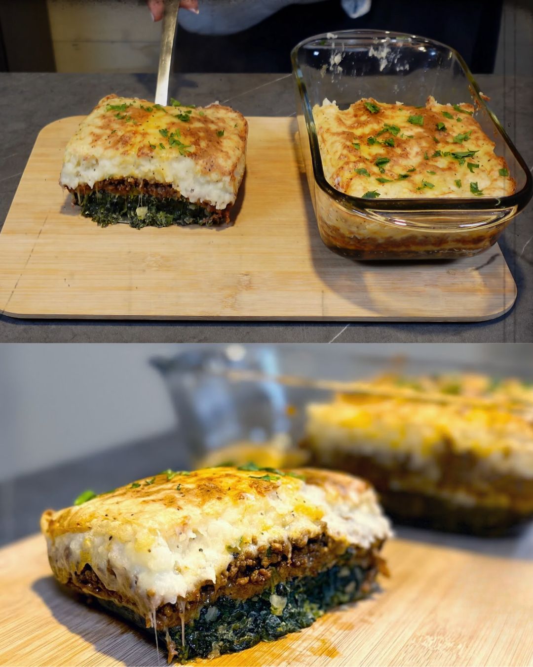 Spinach and Ground Beef Potato Bake with Cheese