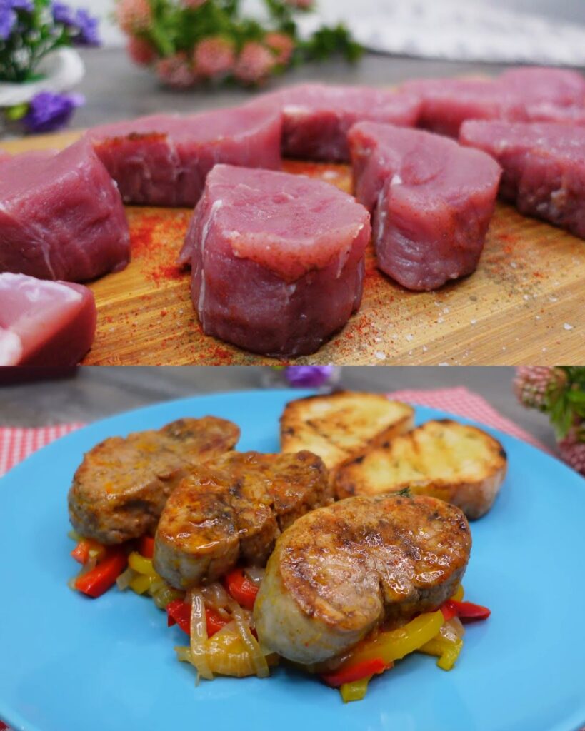 Sautéed Pork Fillet with Caramelized Onions, Peppers, and Garlic Toasted Baguette finished dish