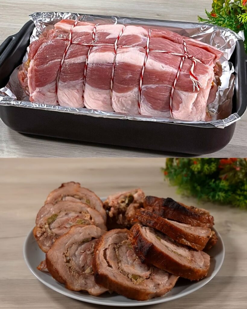 Stuffed Pork Neck Roll with Mushroom and Bacon Filling