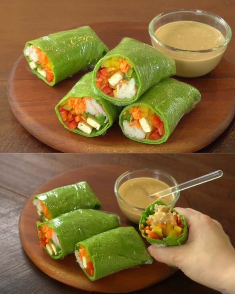 Spinach Oat Tortilla Rolls with Crab and Peanut Sauce