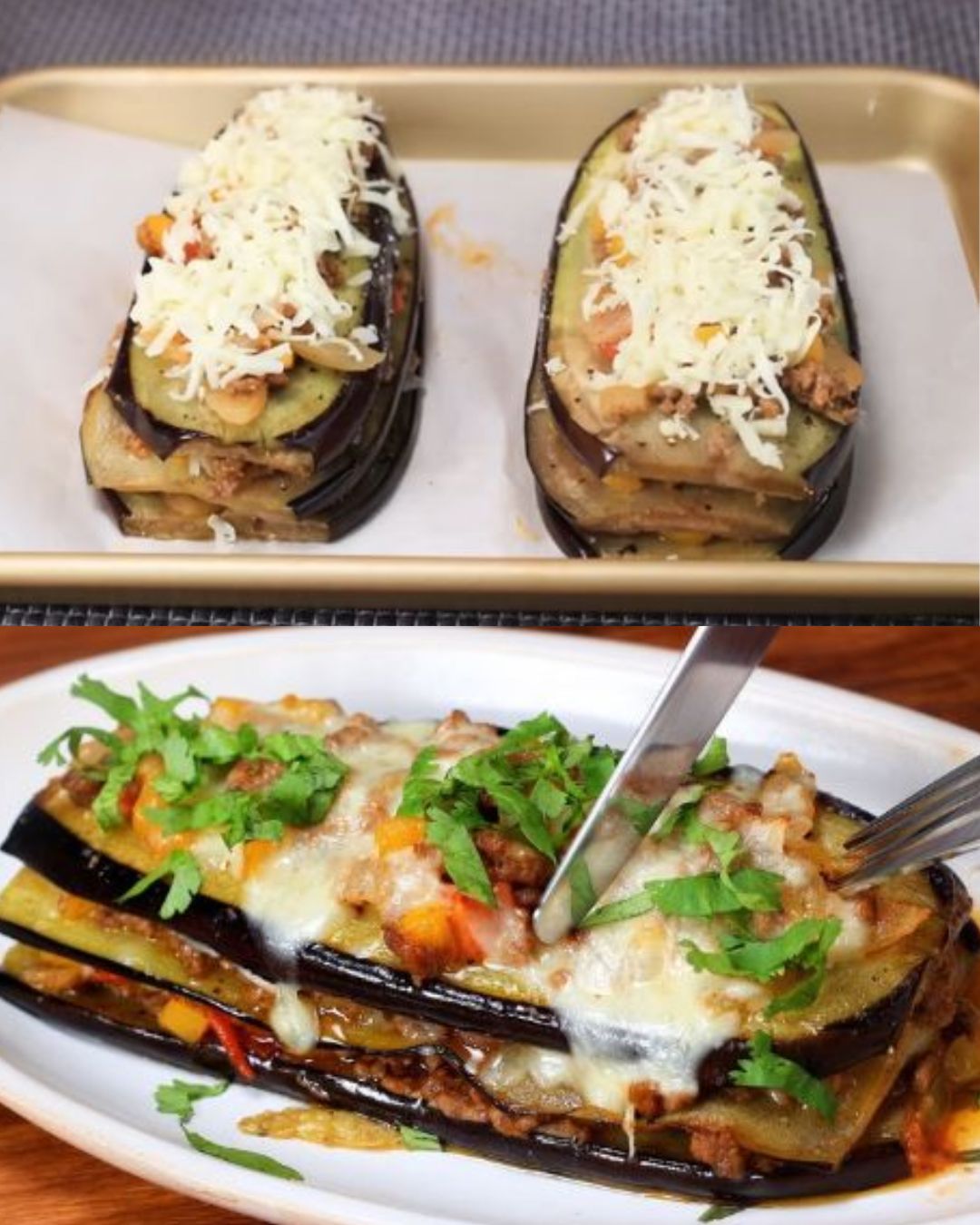 Stuffed Eggplant with Ground Beef and Mozzarella Cheese