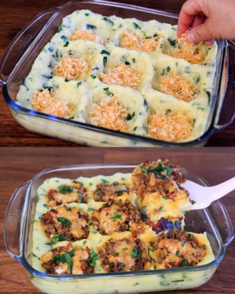 Stuffed Mashed Potatoes with Ground Beef and Cheddar Cheese