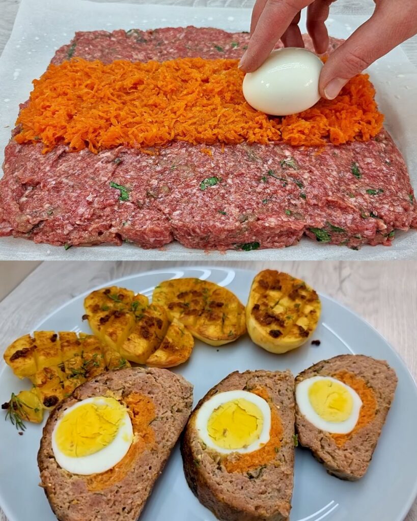 Stuffed Meatloaf with Eggs and Baked Potatoes
