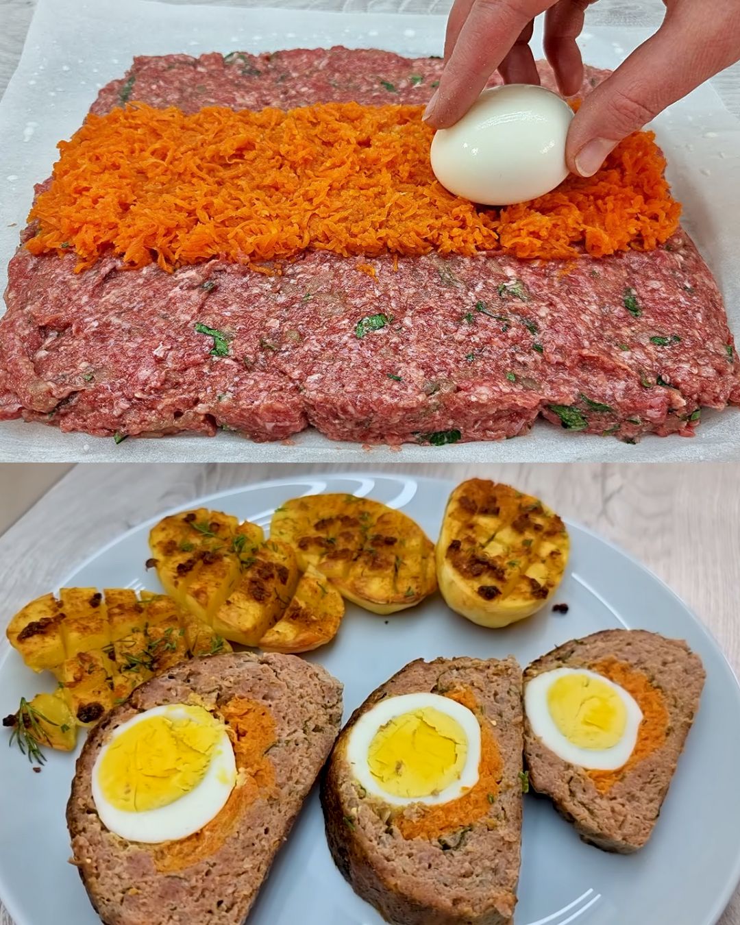 Stuffed Meatloaf with Eggs and Baked Potatoes