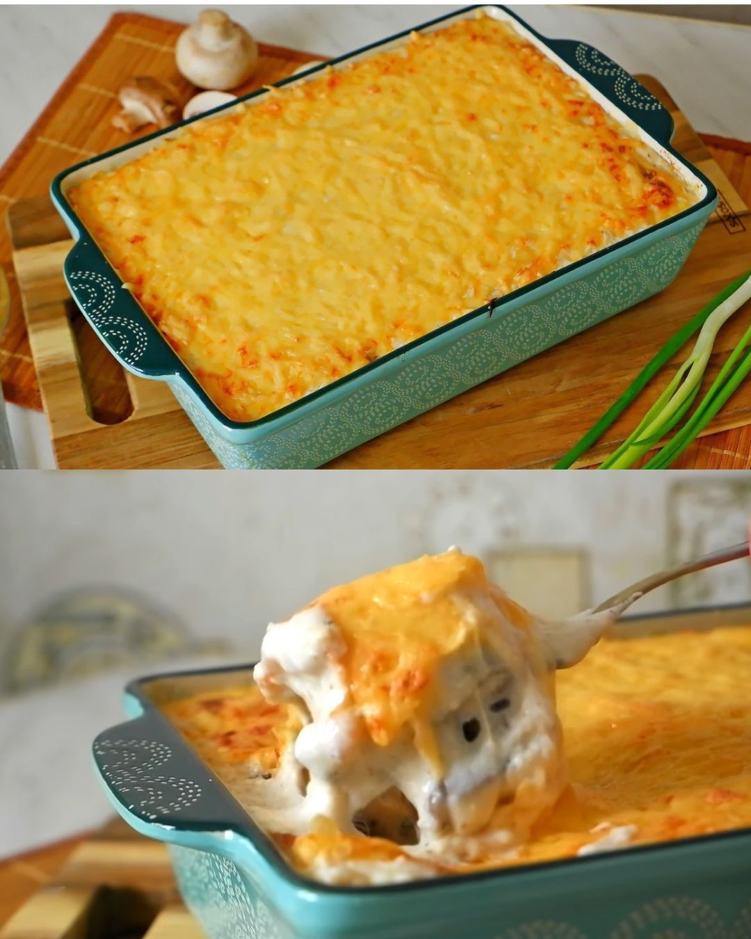 Creamy Chicken and Mushroom Casserole with Mozzarella and Parmesan